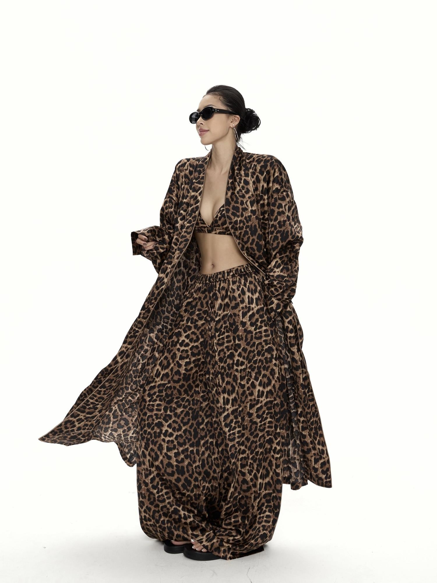 ZERO Leopard Print Three Piece Loose V-neck Cardigan Casual Women Top & Pants Sets