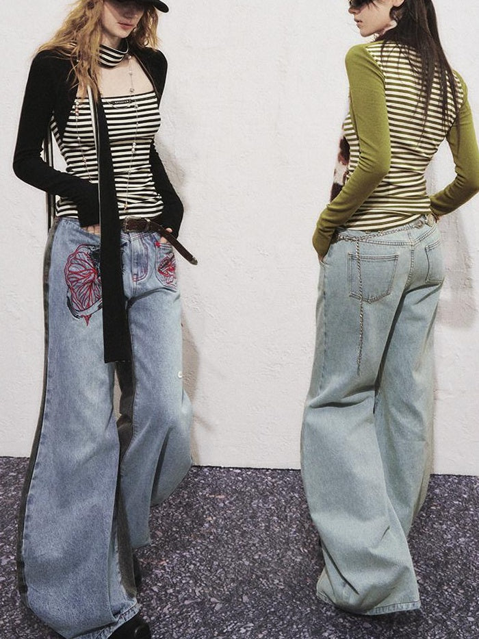 OfAkiva High Waist Vintage Embroidered Asymmetric Floral Cotton Women Wide Leg Jeans