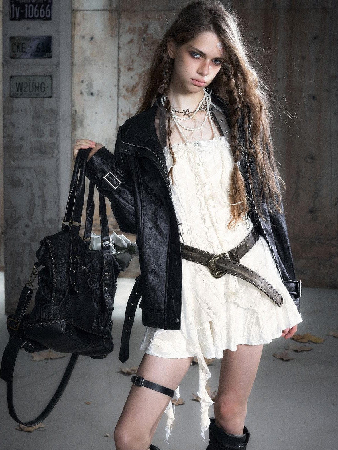 Cest Nous Zipper Pu Leather Loose Commuter Stand Collar Long Sleeve Black Leatherjackets
