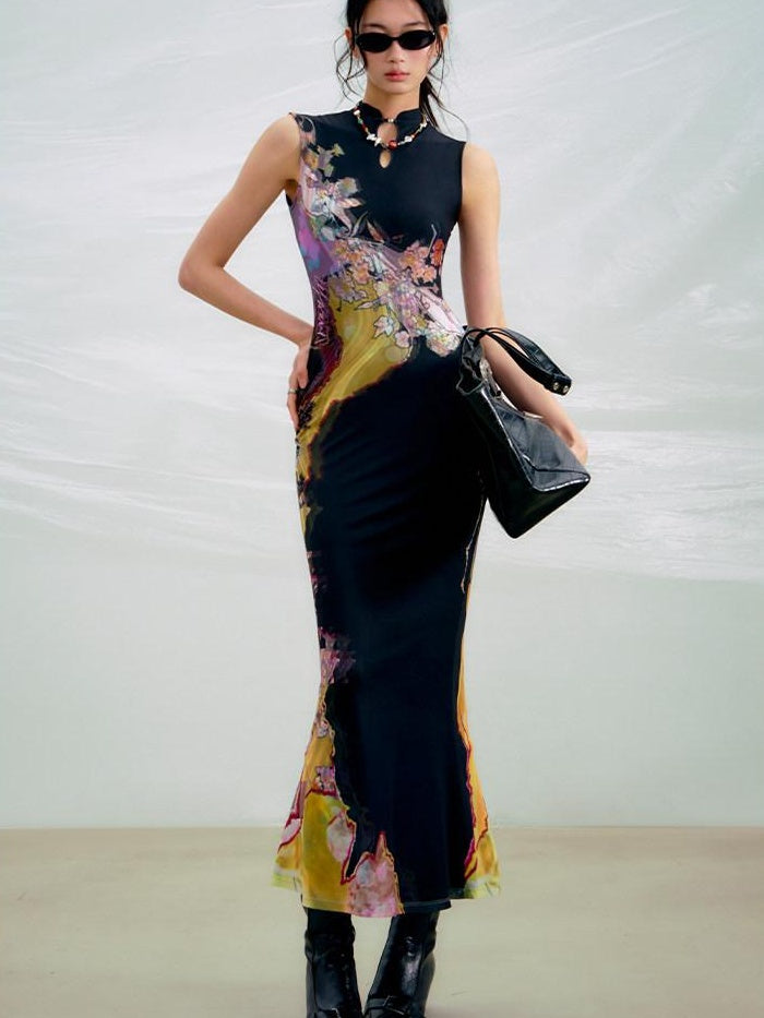 OfAkiva High Waist Floral New Chinese Style A Line Qipao Womens Tricolor Maxi Dresses