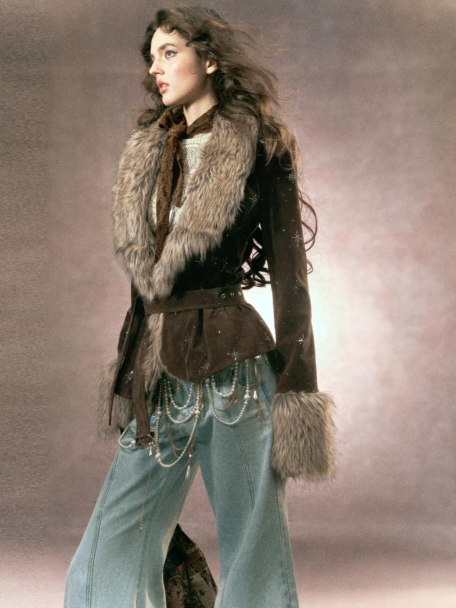 OfAkiva Rhinestone Vintage Oversized Lapel Raglan Short Women Brown Cropped Jackets