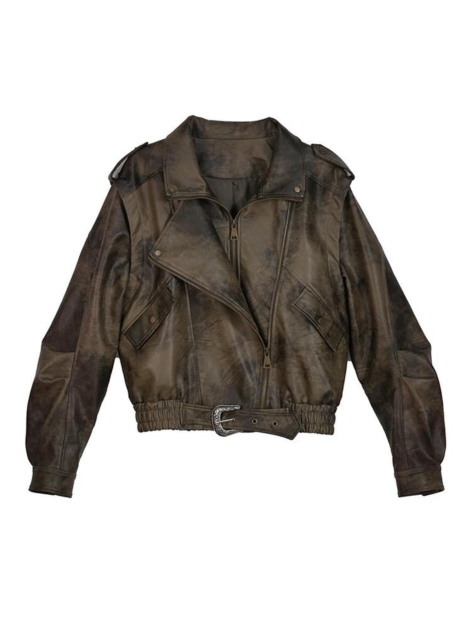 Cest Nous Washed Pu Leather Zipper Loose Fit Street Youth Black Brown Bomberjackets
