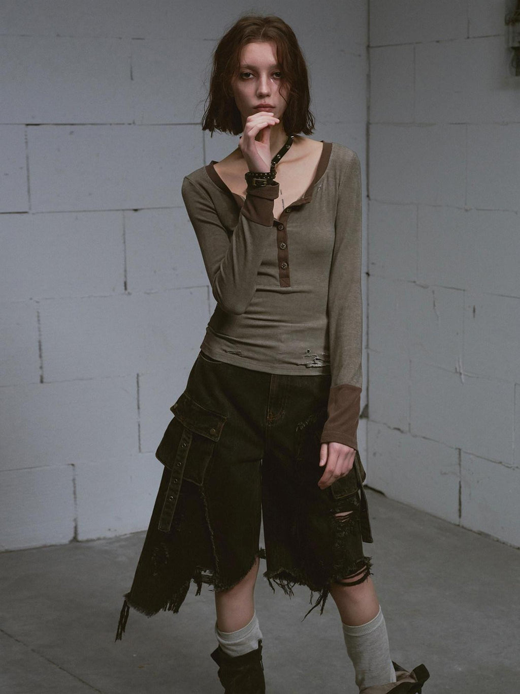 Cest Nous Ripped Patchwork Grunge High Waist Wide Leg Loose Cotton Washed Black Jeans