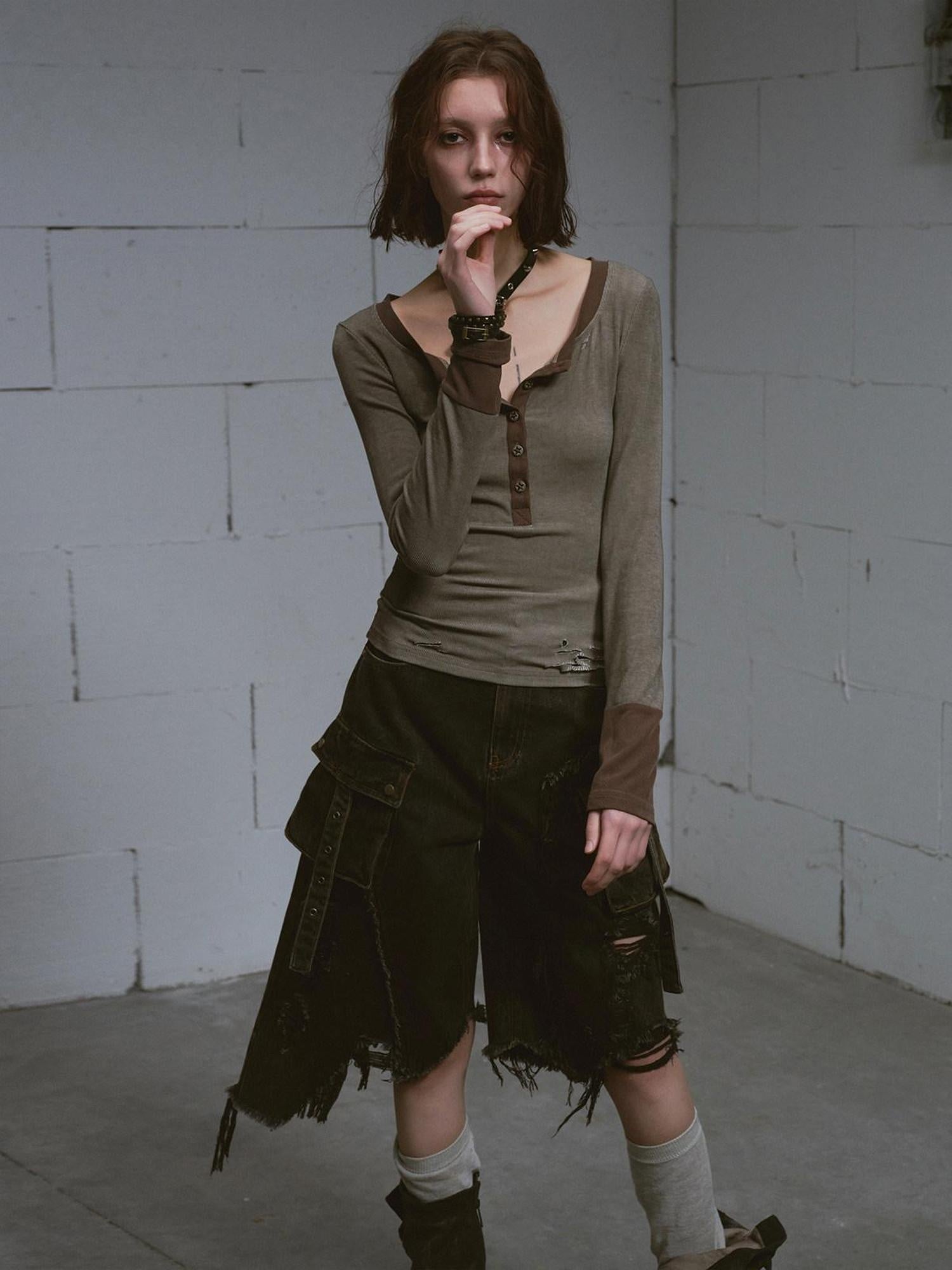 Cest Nous Ripped Patchwork Grunge High Waist Wide Leg Loose Cotton Washed Black Jeans