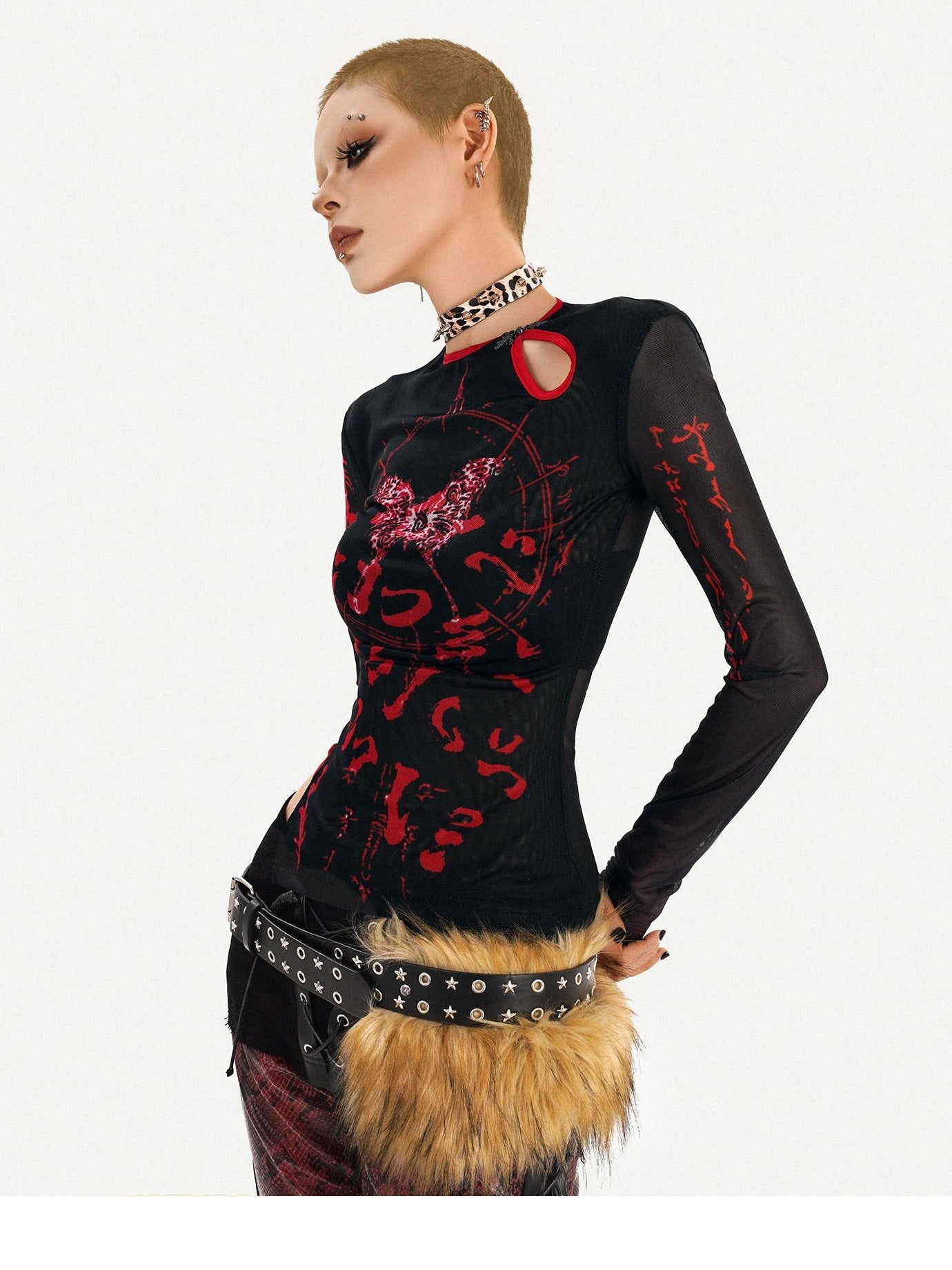 Nico Molly Dark Gothic Mesh Butterfly Print Asymmetric Slim Fit Women Long Sleeve T-Shirts