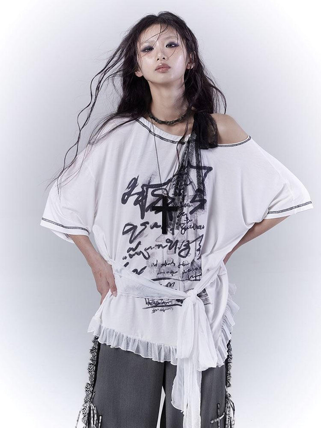 WSW Cotton Rich Print Street Loose Drop Shoulder Unisex White Short Sleeve T-Shirts