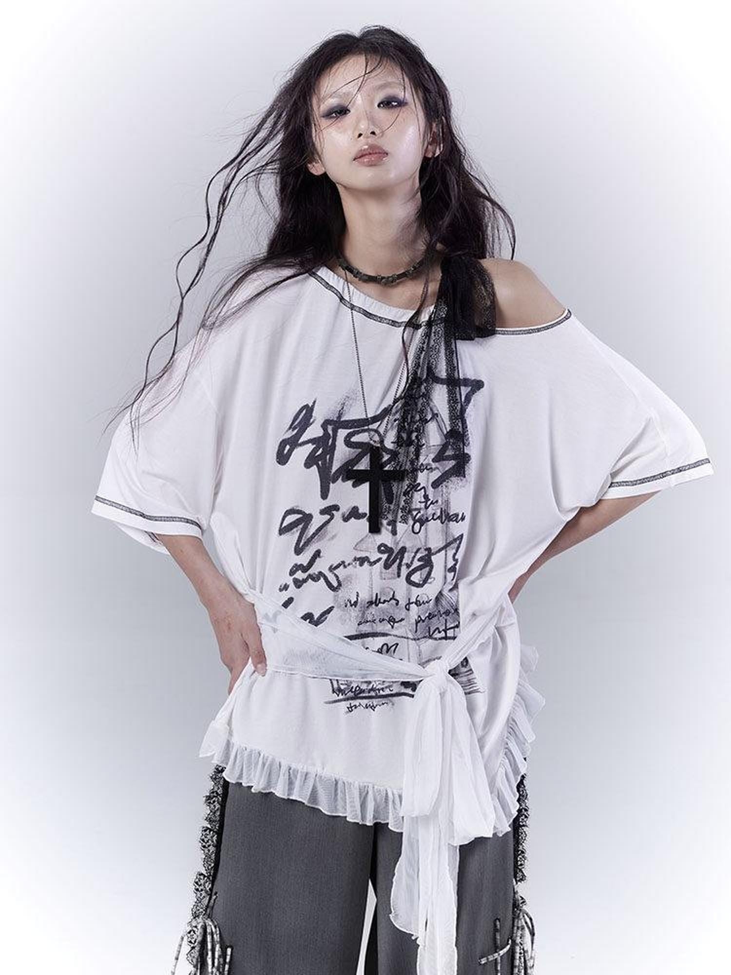 WSW Cotton Rich Print Street Loose Drop Shoulder Unisex White Short Sleeve T-Shirts