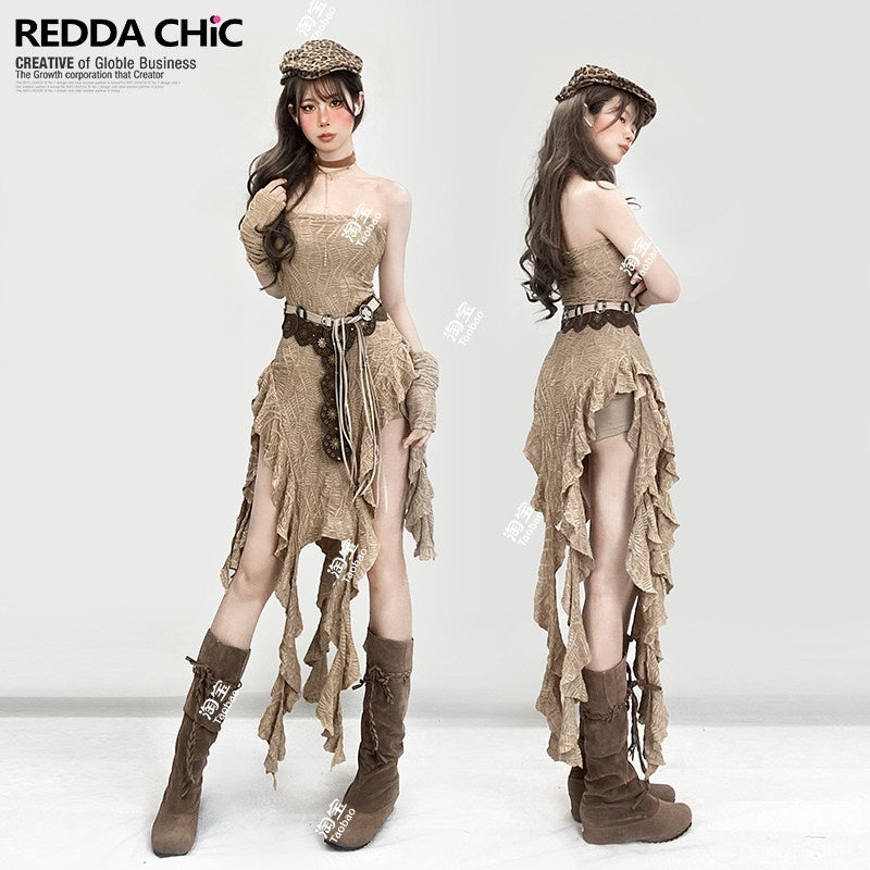 REDDACHIC_Khaki_Wasteland_Fitted_Ruffle_Tassel_Asymmetrical_Women'S_Strapless_Maxi_Dresses_MISSTT