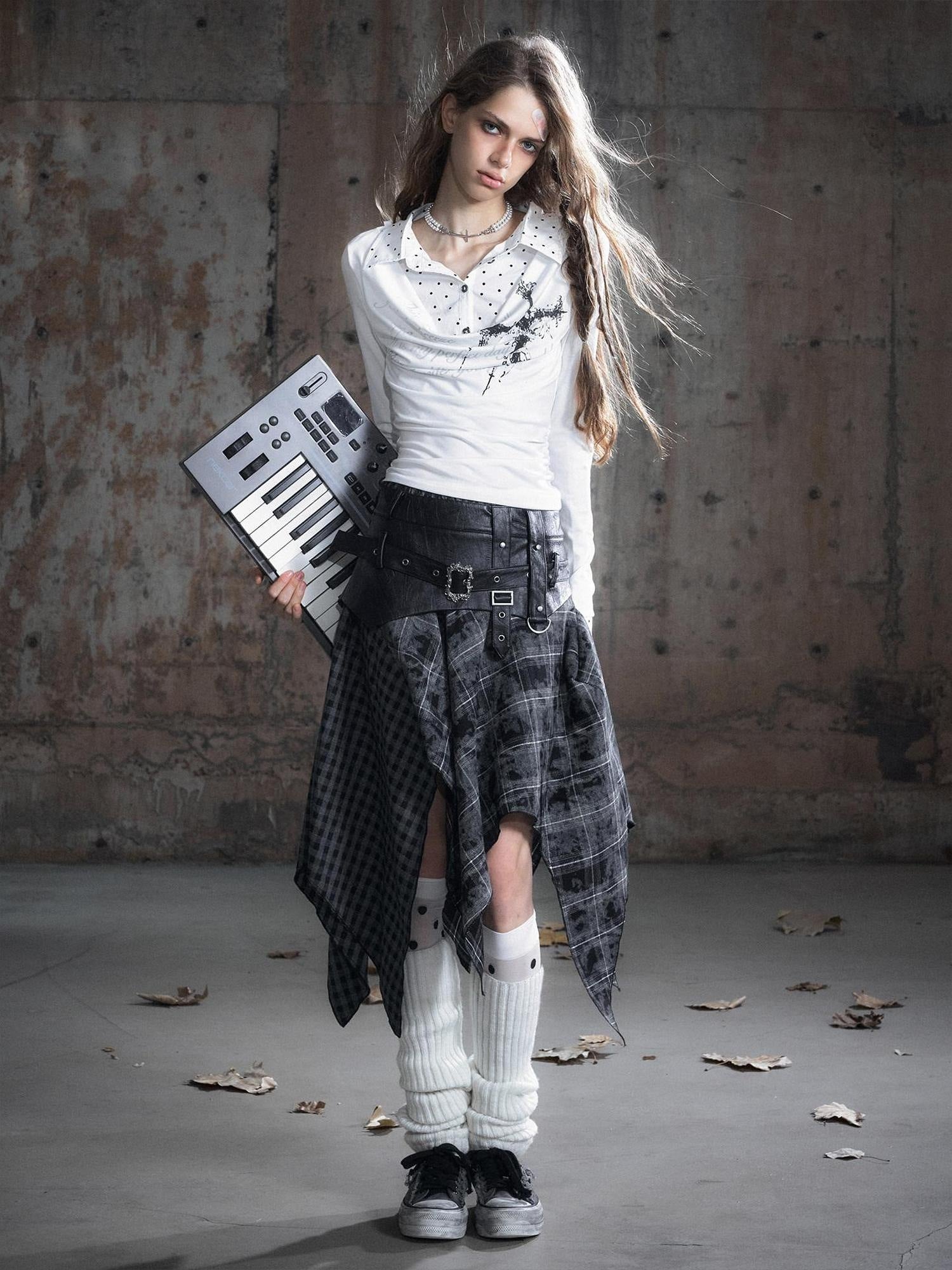 Cest Nous Pu Patchwork Punk Asymmetric Low Waist Youth Daily Wear Cotton Blend Midiskirts