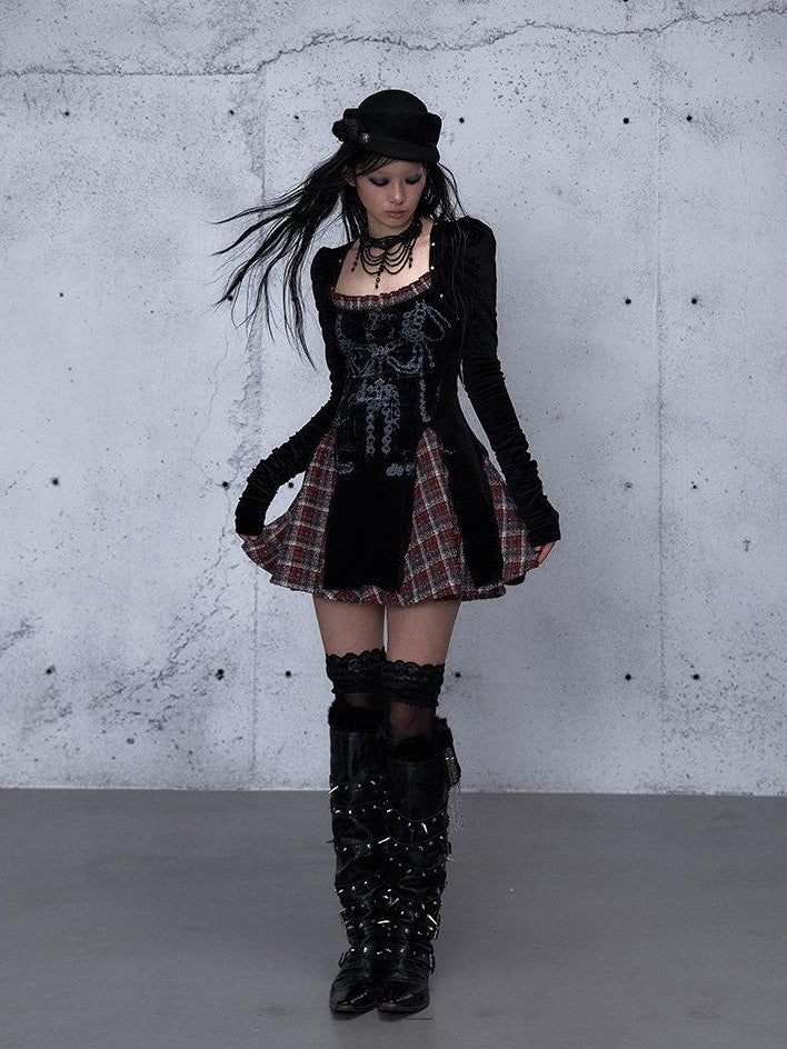 NO ROMANCE Baroque Plaid Polka Dot Square Neck Puff Sleeve Women'S Velvet Mini Dresses