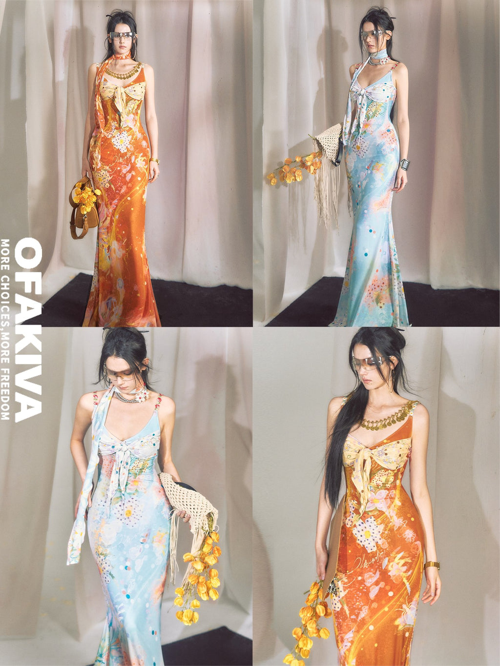 OfAkiva Floral Resort High Waist Sleeveless V-neck Tie Waist Slim Fit Women Maxi Dresses