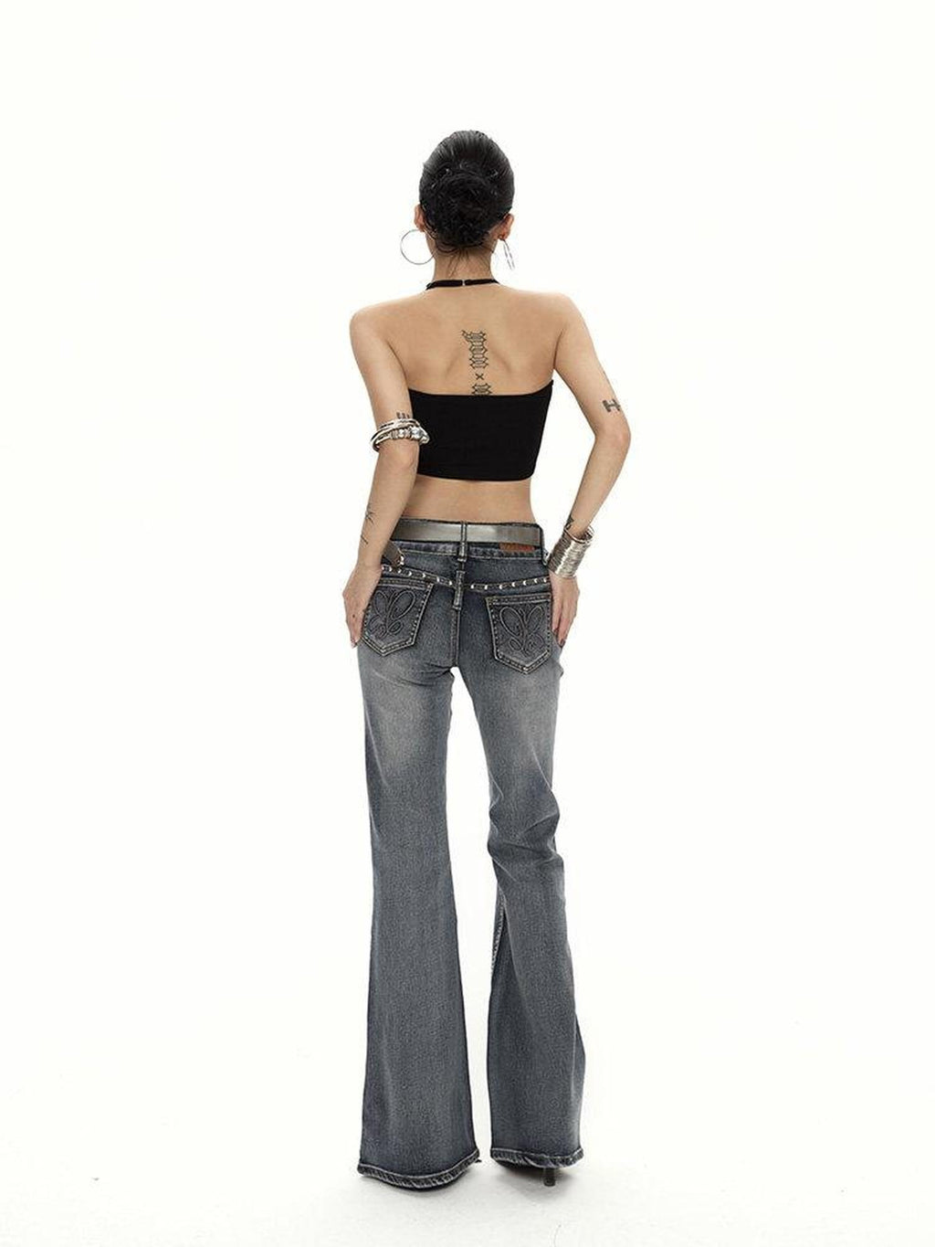 ZERO High Stretch Washed Vintage Blue Slim Natural Waist Pockets Women Denim Flared Jeans