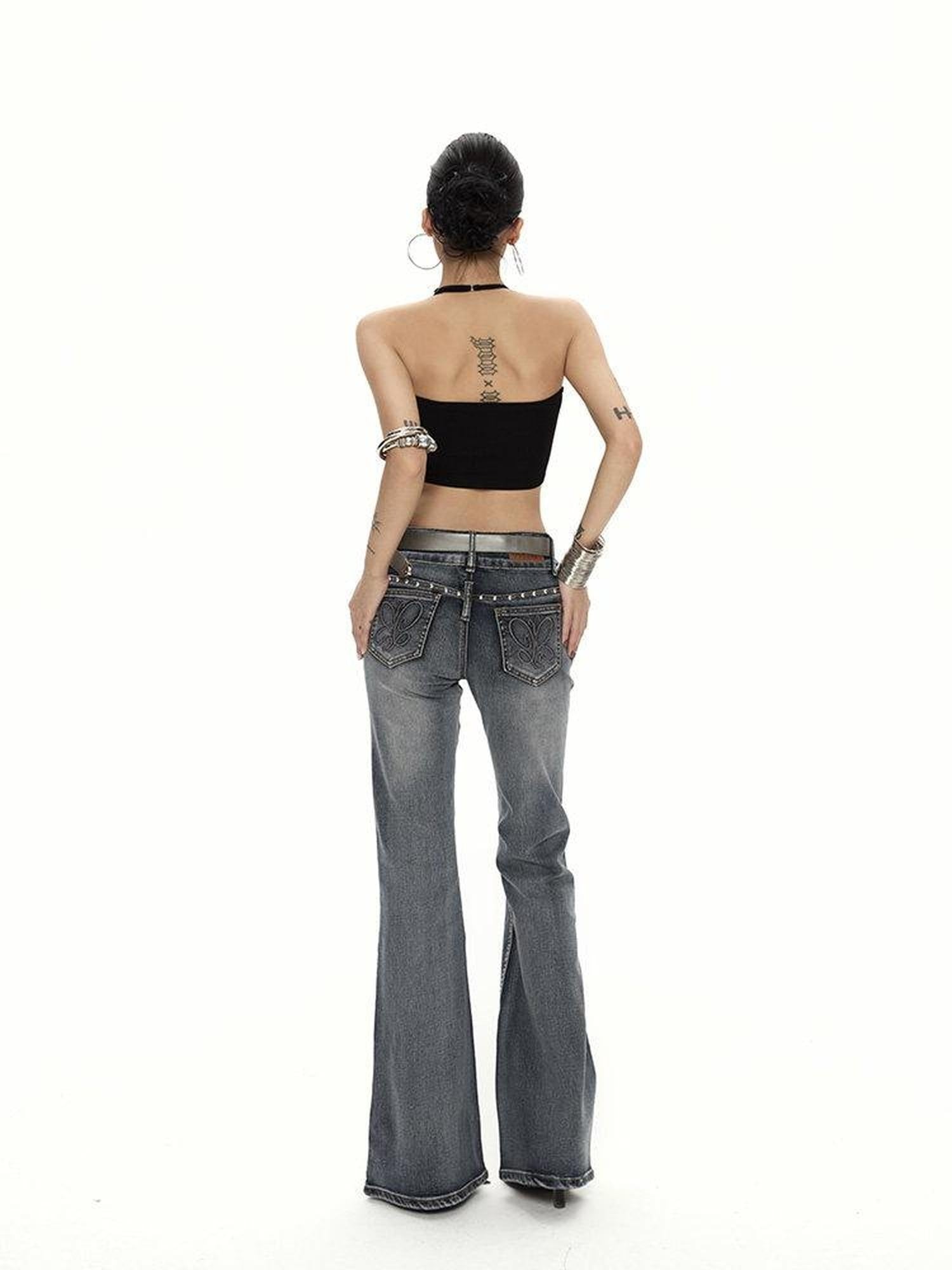ZERO High Stretch Washed Vintage Blue Slim Natural Waist Pockets Women Denim Flared Jeans