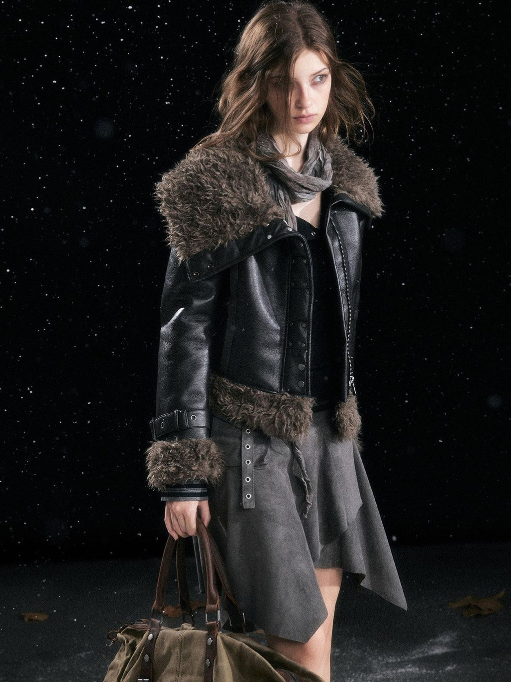 Cest Nous Slimming Thick Punk Straight Cut Faux Shearling Lapel Zip Women Croppedjackets