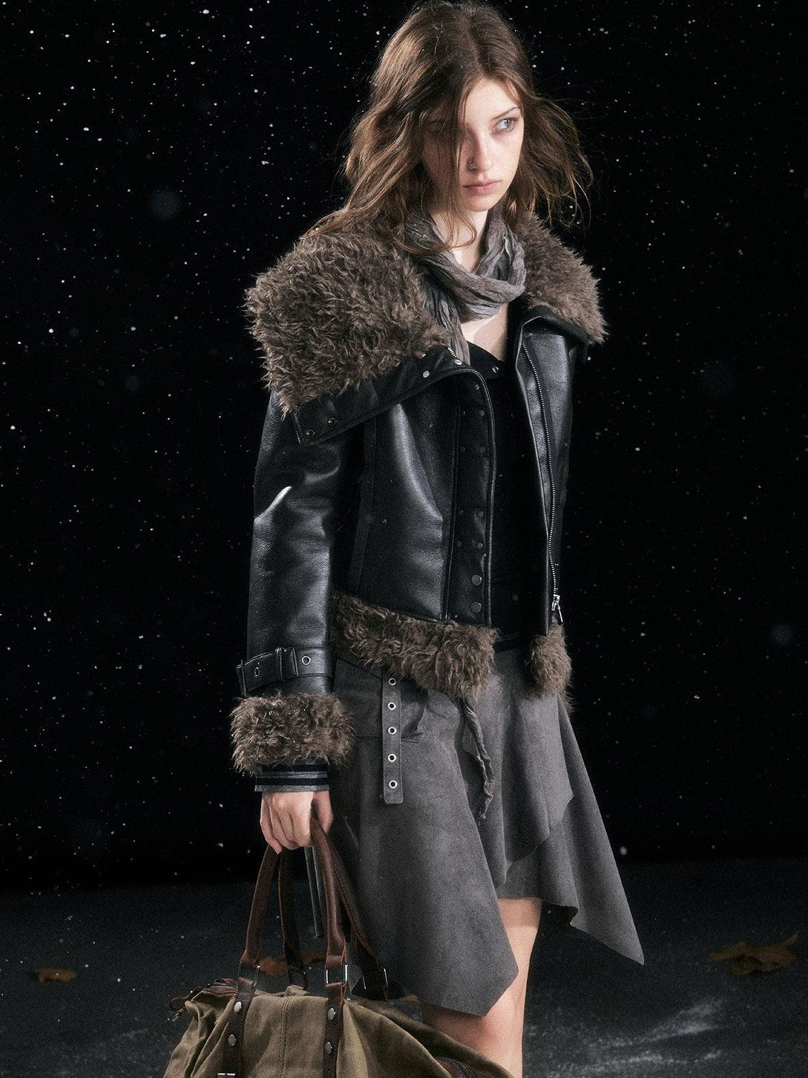 Cest Nous Slimming Thick Punk Straight Cut Faux Shearling Lapel Zip Women Croppedjackets