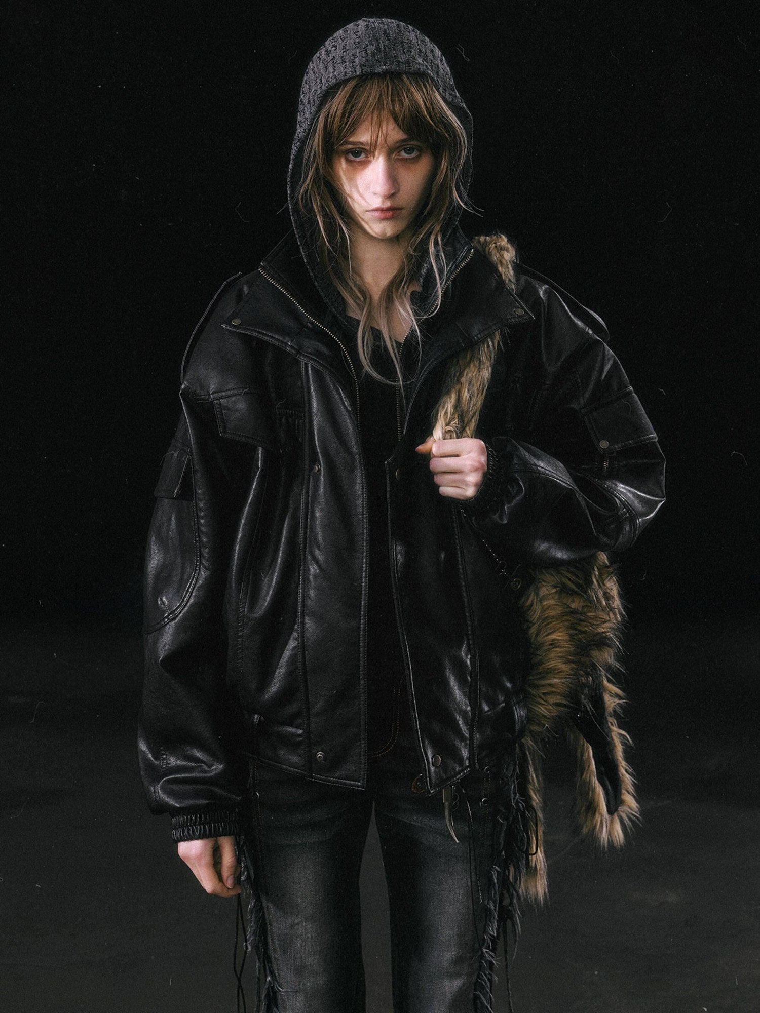 Cest Nous Thick Pu Leather Loose Fit Streetwear Long Sleeve Youth Black Bomberjackets