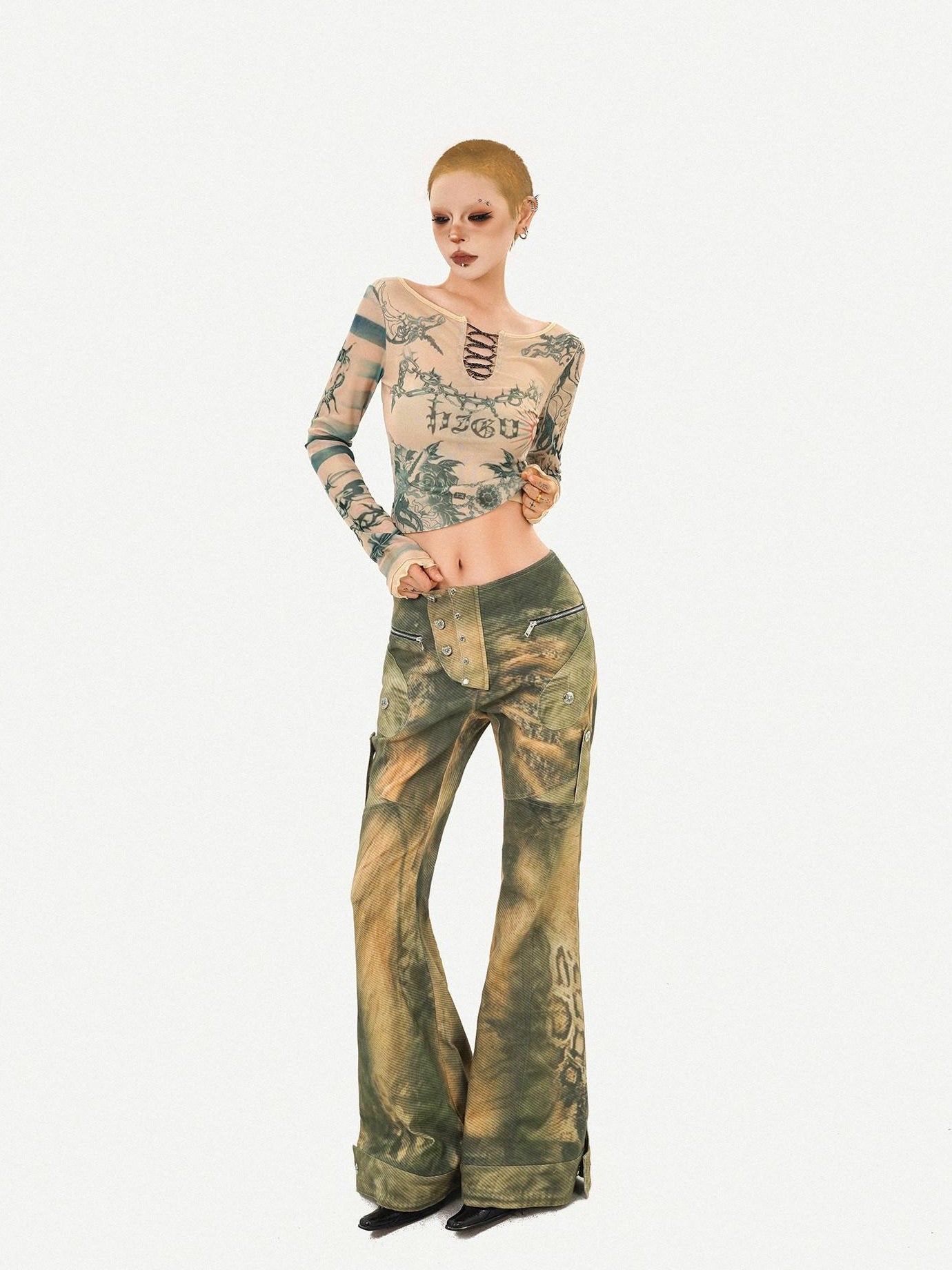 Nico Molly Vintage Tie Dye Floral Mesh Slim Fit Crew Neck Women Long Sleeve Crop Tops