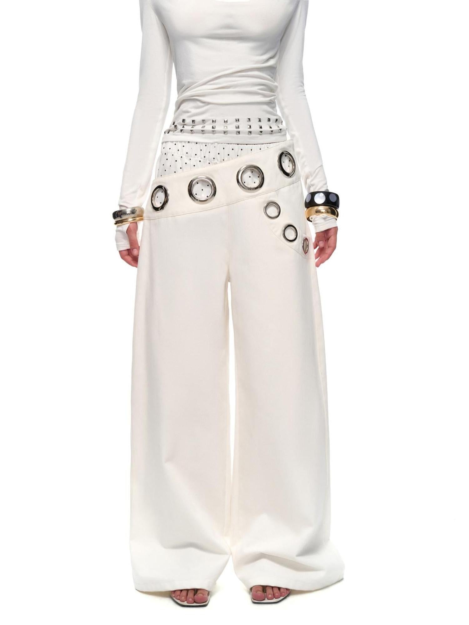 JYOSEI Asymmetric Polka Dot Patchwork Low Rise Workwear Wide Leg Cotton Straight Pants