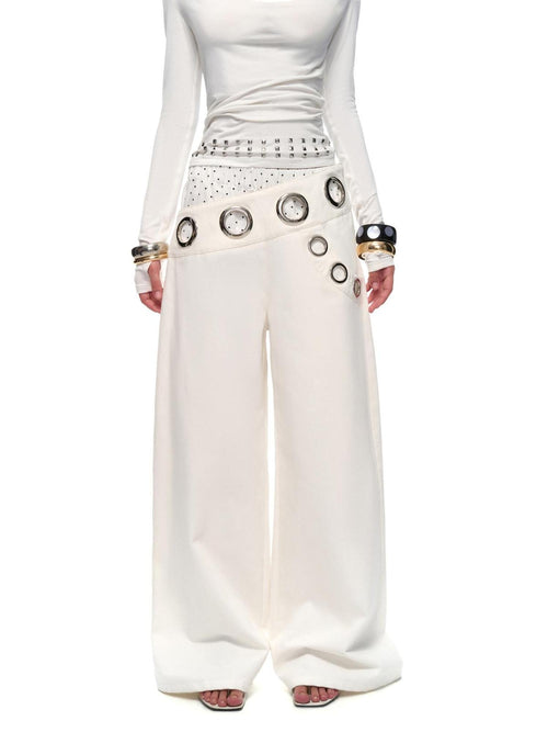 JYOSEI Asymmetric Polka Dot Patchwork Low Rise Workwear Wide Leg Cotton Straight Pants