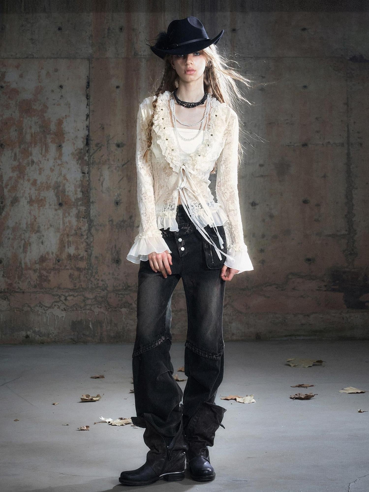 Cest Nous Patchwork Punk Low Waist Asymmetric Women Washed Black Cotton Straightlegjeans