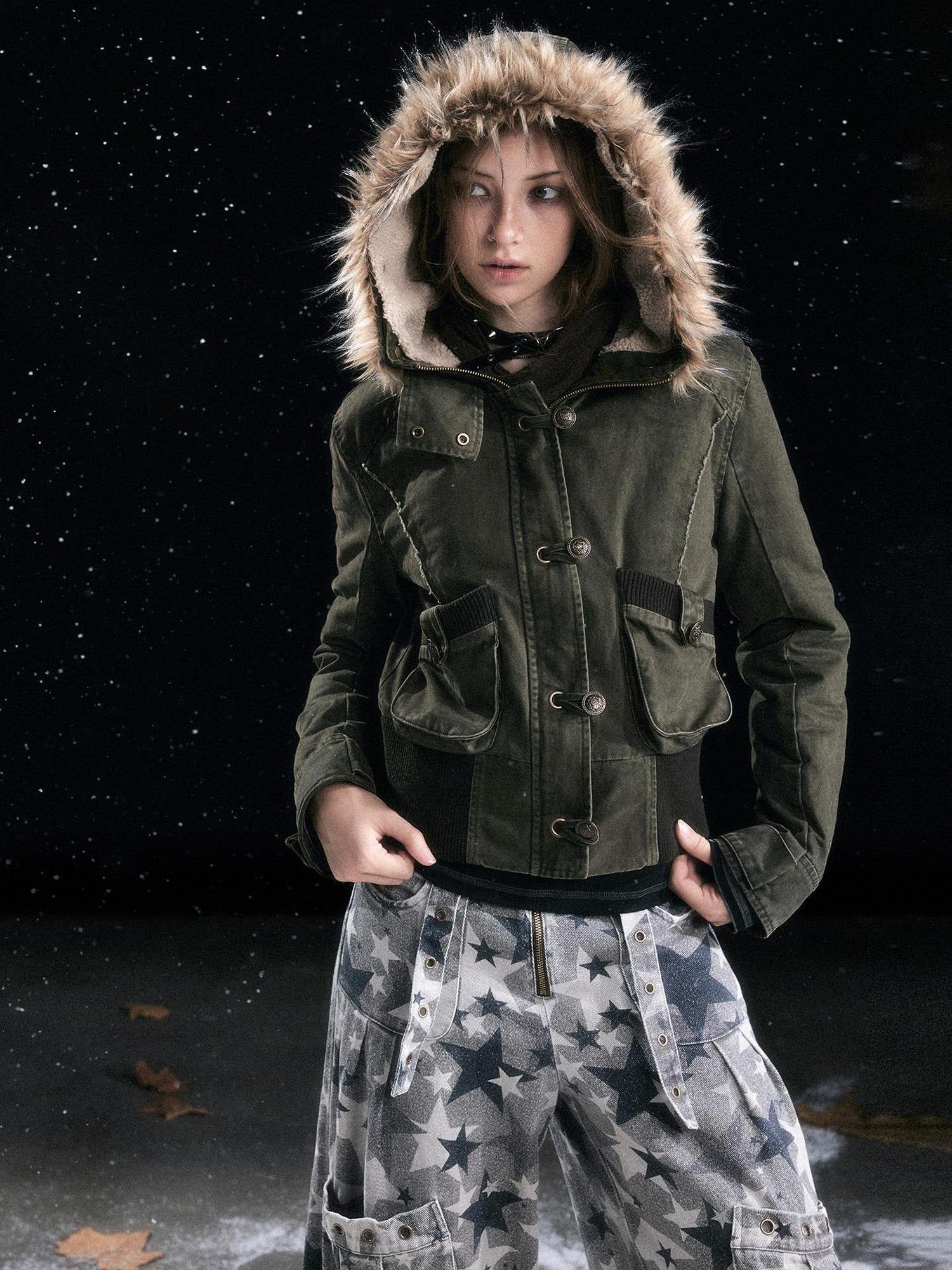 Cest Nous Cotton Padded Hooded Straight Fit Women Workwear Zip Front Olive Croppedjackets