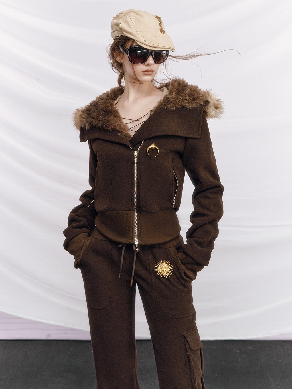OfAkiva Thick Knit Slim Hooded Zip Jacket Multi Pocket For Women Top & Pants Sets