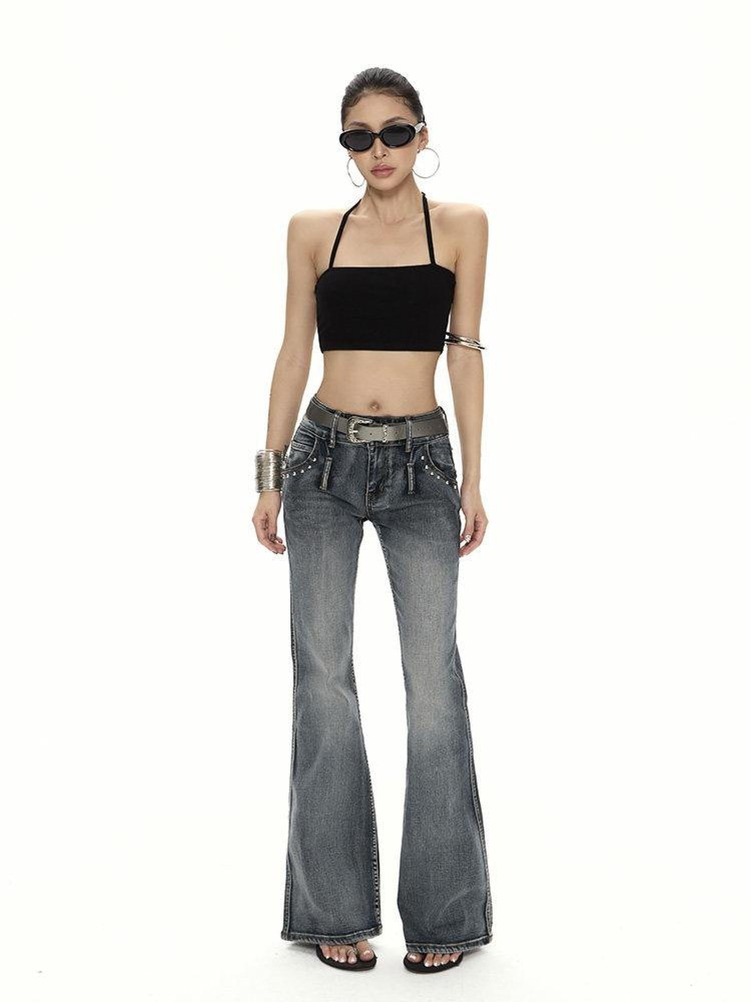 ZERO High Stretch Washed Vintage Blue Slim Natural Waist Pockets Women Denim Flared Jeans