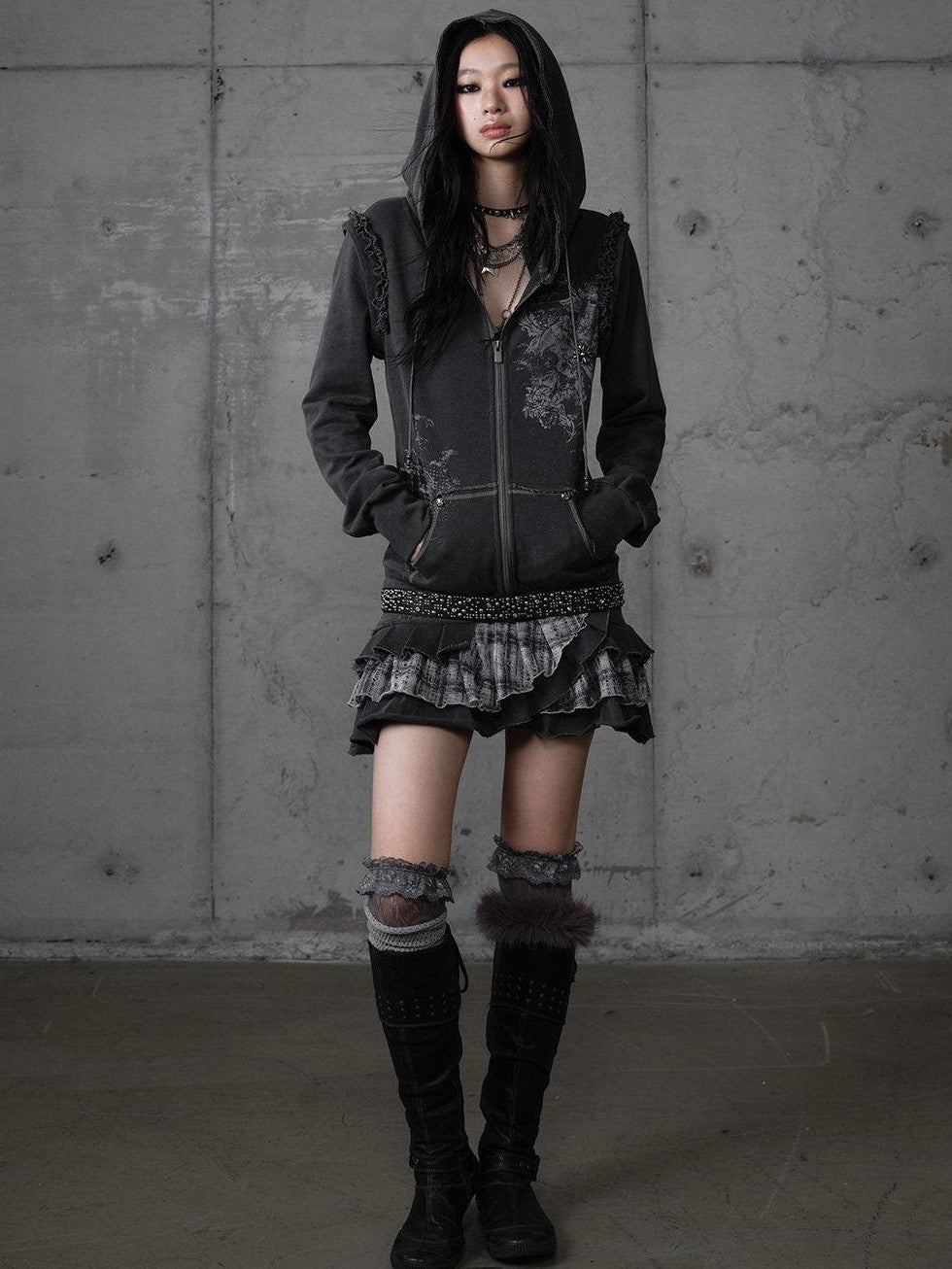 NO ROMANCE Deep Gray Y2K Printed Lace Detachable Hood Sweatshirt Women'S Mini Dresses