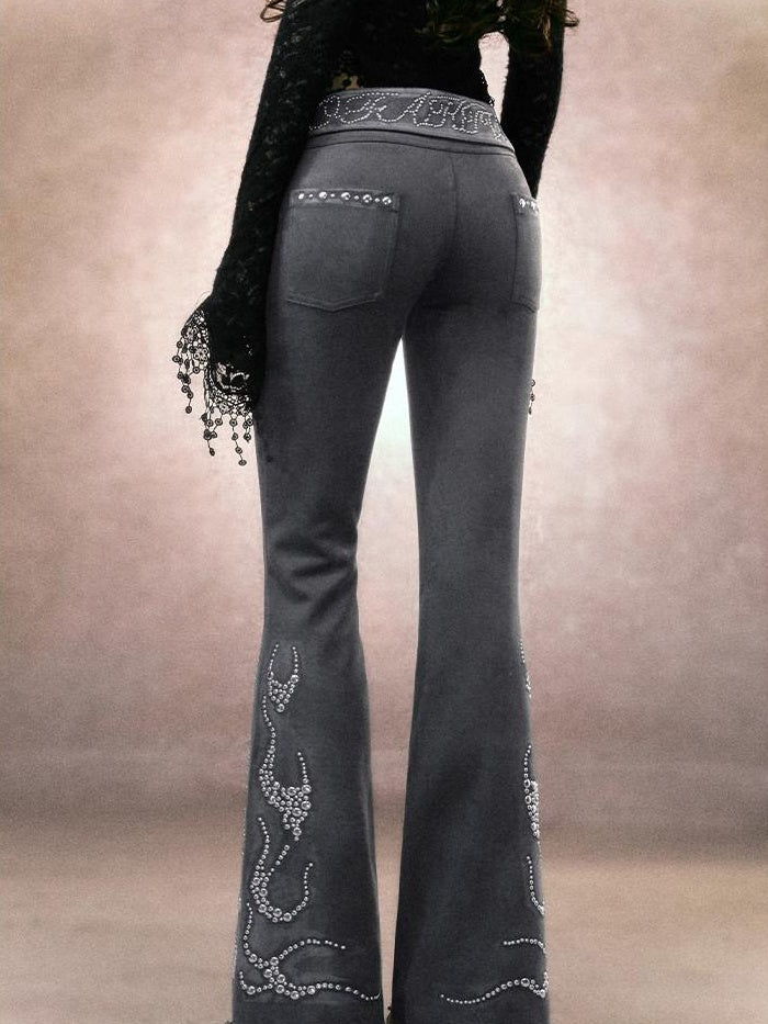 OfAkiva Rhinestone Embroidered Vintage Low Rise Slim Fit Casual Women Flared Pants