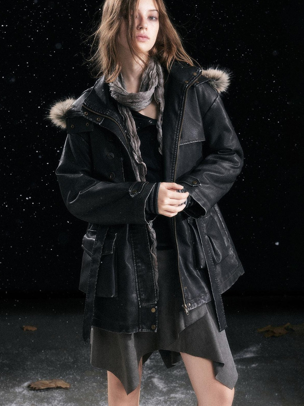 Cest Nous Insulated Commuter Hooded Straight Women Washed Black Leatherjackets