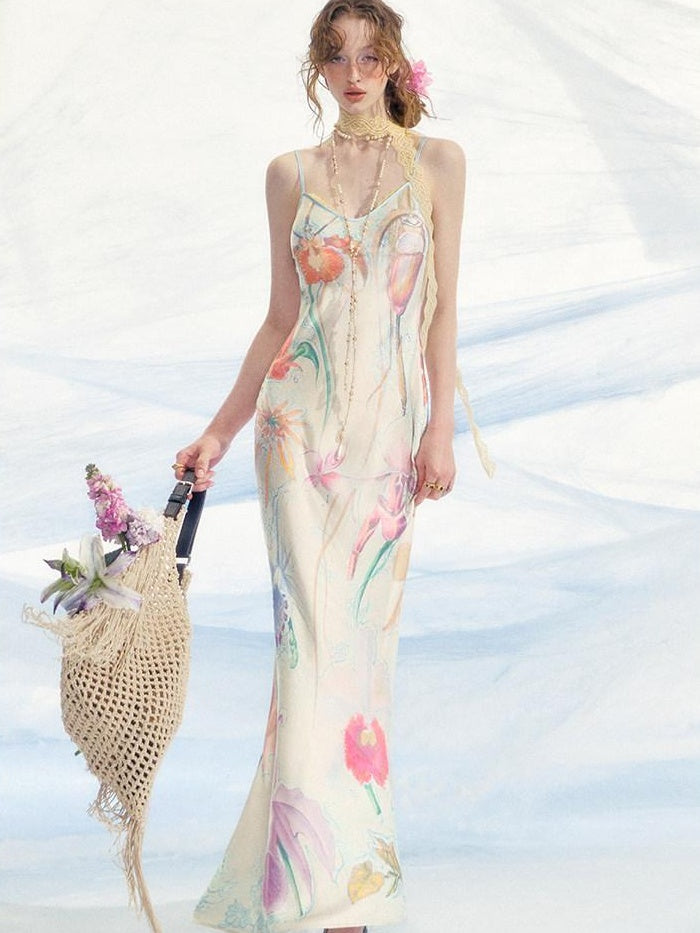 OfAkiva High Waist Southeast Asian Printed Spaghetti Strap A Line Polyester Maxi Dresses