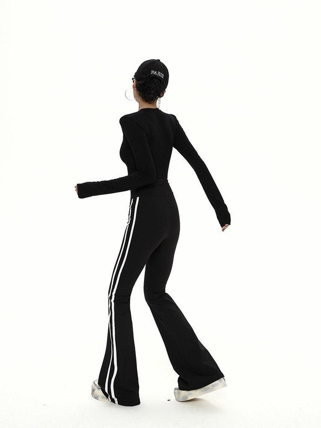 ZERO High Stretch Knit Micro Flared Street Sporty Women Striped Black Flared Pants
