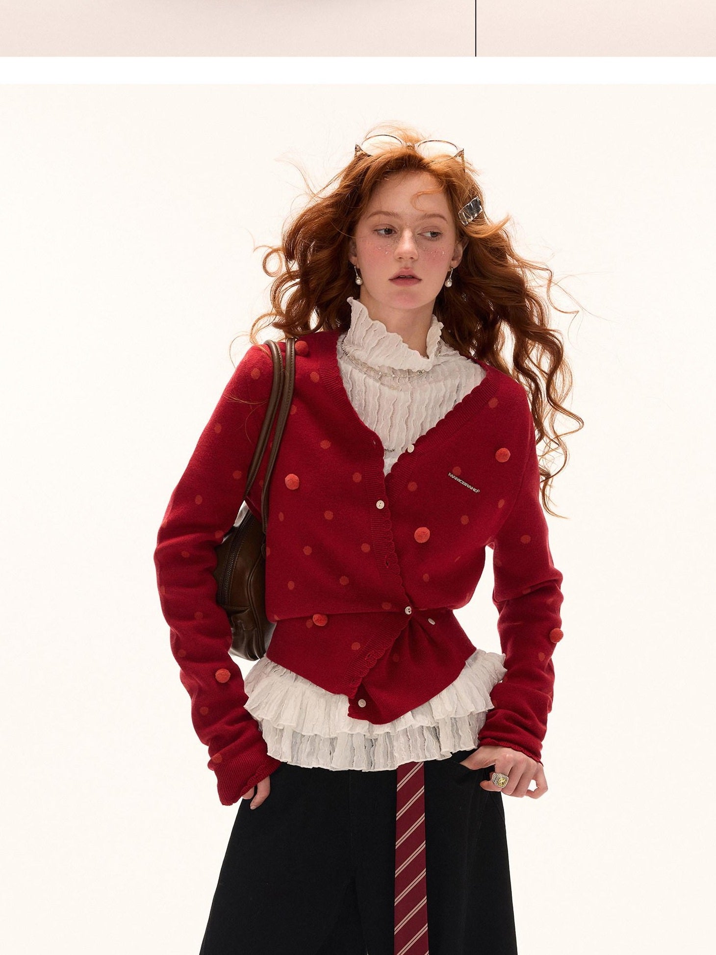 MAMC Comfort Viscose Blend Polka Dot Slim Fit Campus Open Front Long Sleeve Cardigans