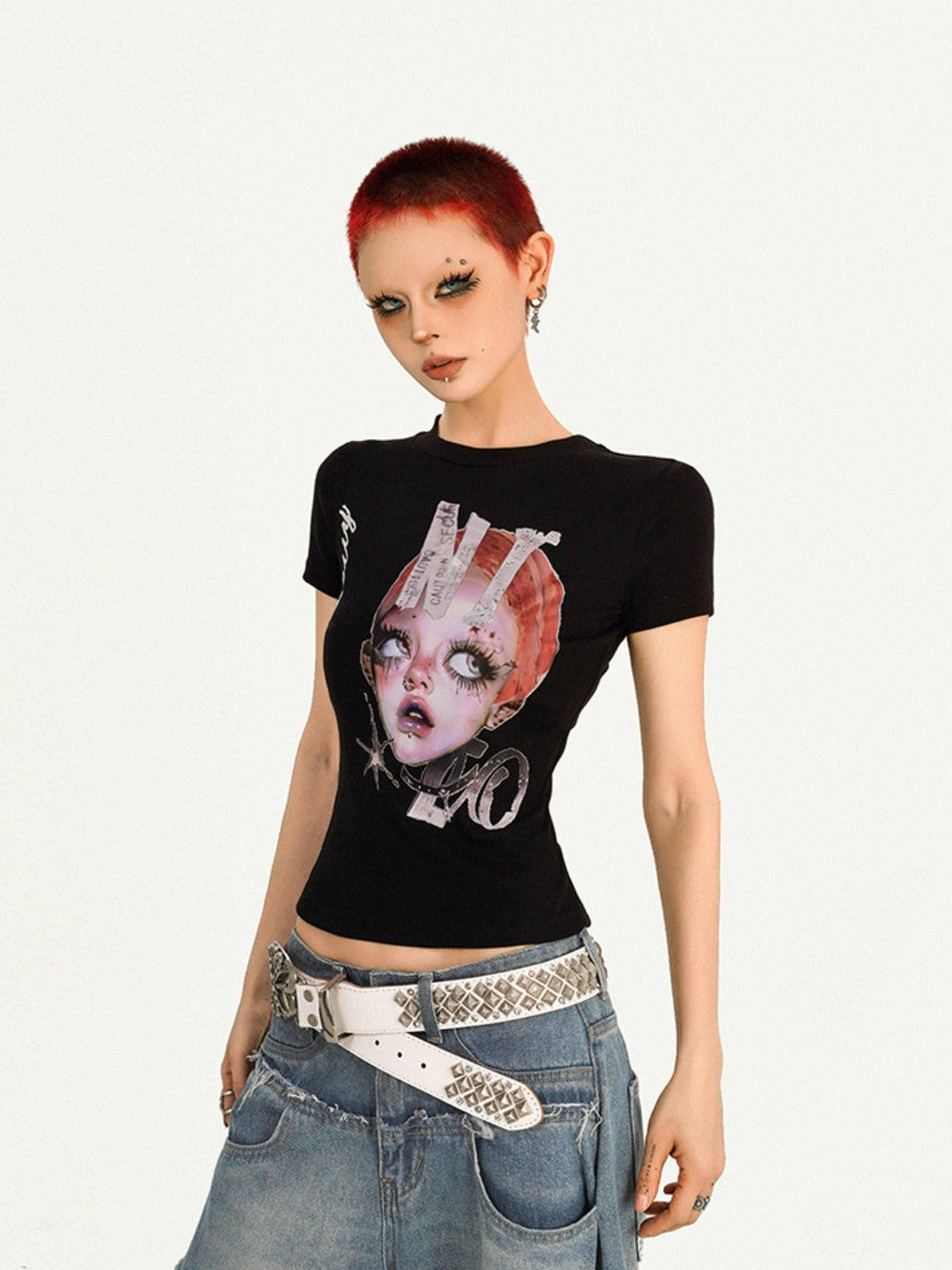 Nico Molly Moisture Wicking Slim Casual Creative Print Round Neck Women Basic Crop Tops