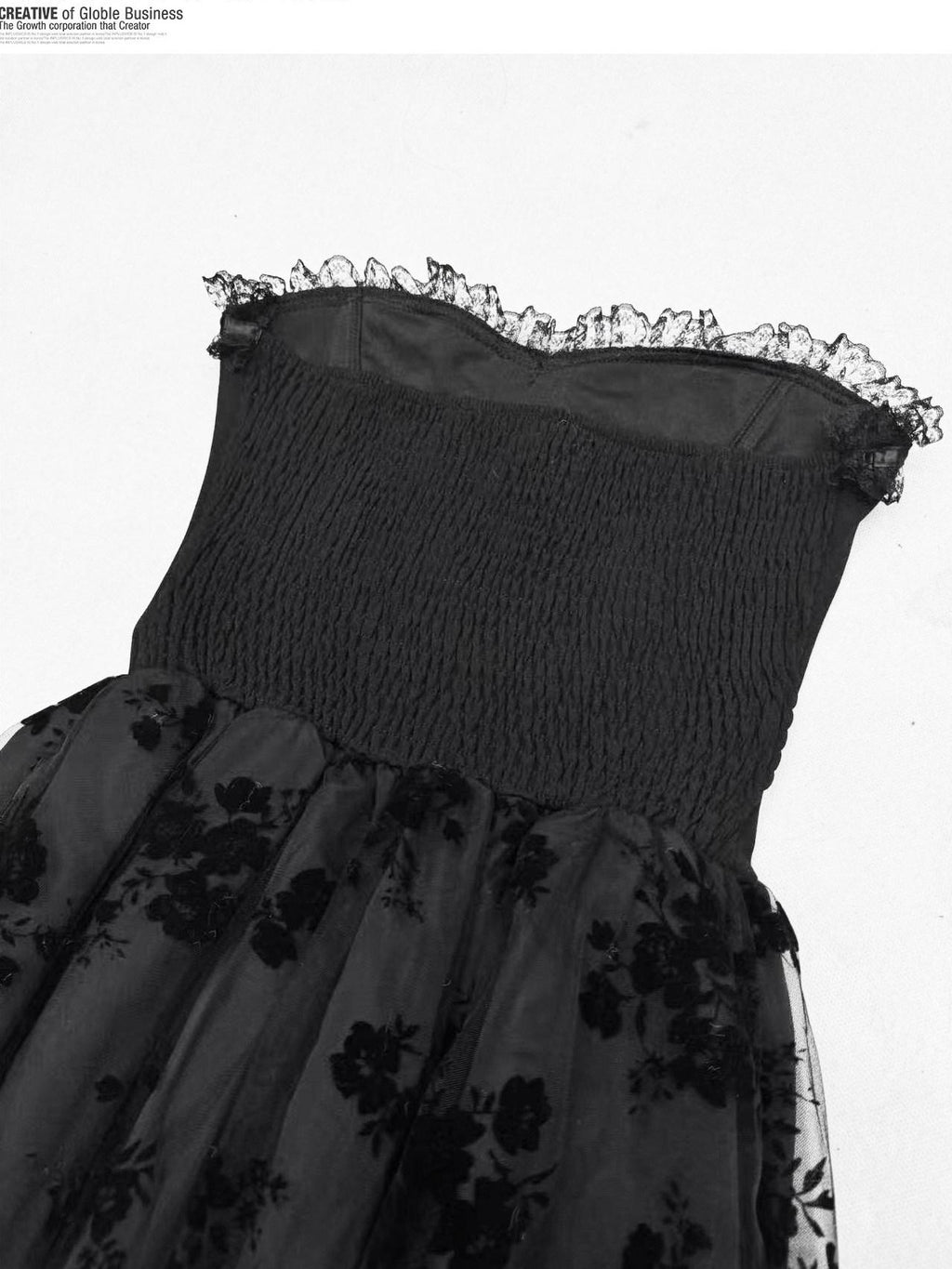 REDDACHIC Black Lace Spliced Aline Waist Cinch Women'S Mesh Strapless Midi Dresses