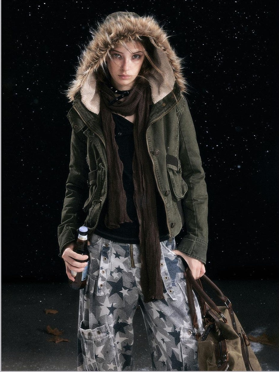 Cest Nous Cotton Padded Hooded Straight Fit Women Workwear Zip Front Olive Croppedjackets