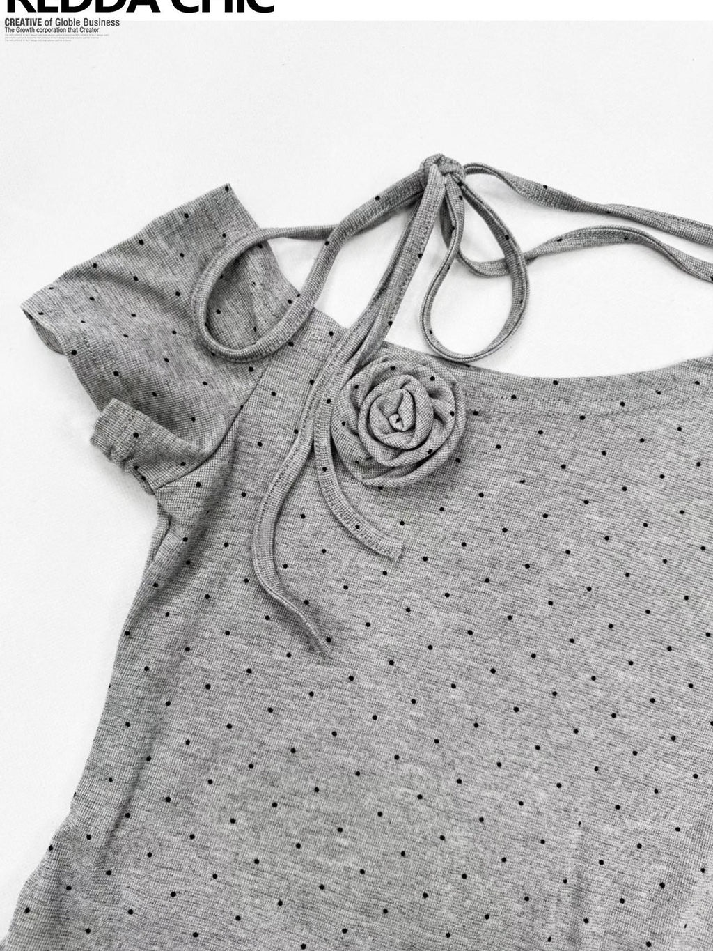 REDDACHIC Gray Polka Dot Slanted Shoulder Pleated Waist Tie Women'S Short Sleeve T-Shirts