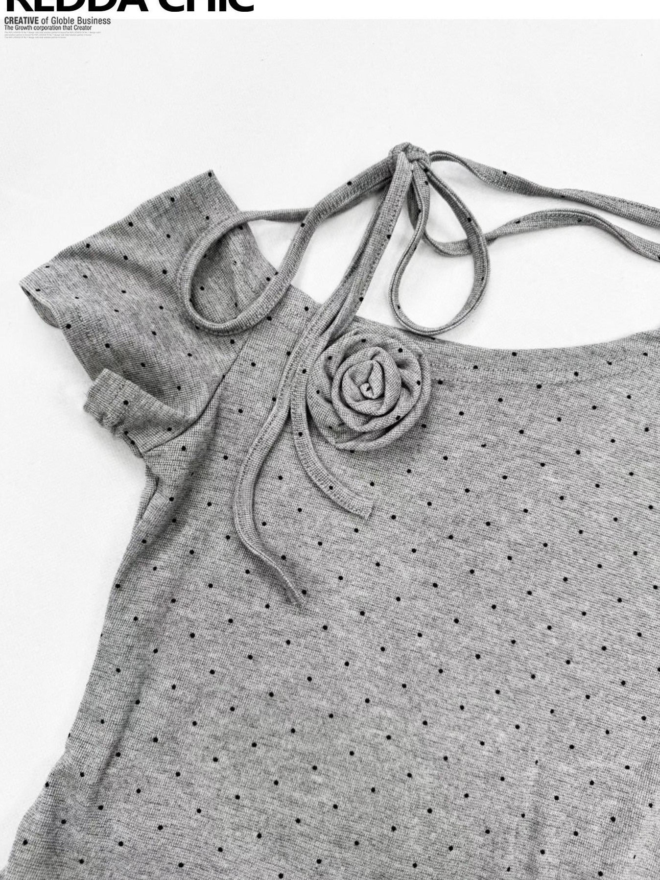 REDDACHIC Gray Polka Dot Slanted Shoulder Pleated Waist Tie Women'S Short Sleeve T-Shirts