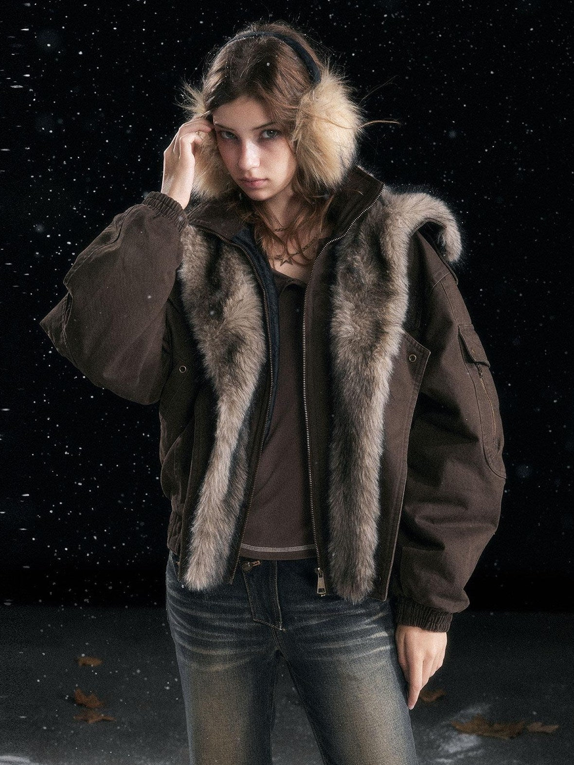 Cest Nous Warm Thick Hooded Zip Commuter Flight Women Brown Croppedjackets