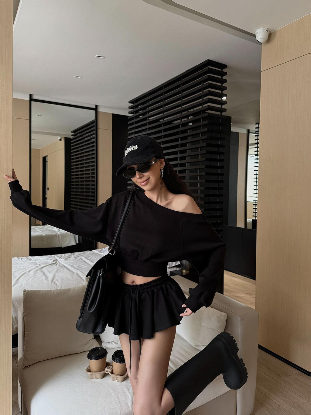 ZERO Medium Stretch Viscose Loose Long Sleeve Casual Women Black Top & Skirt Sets