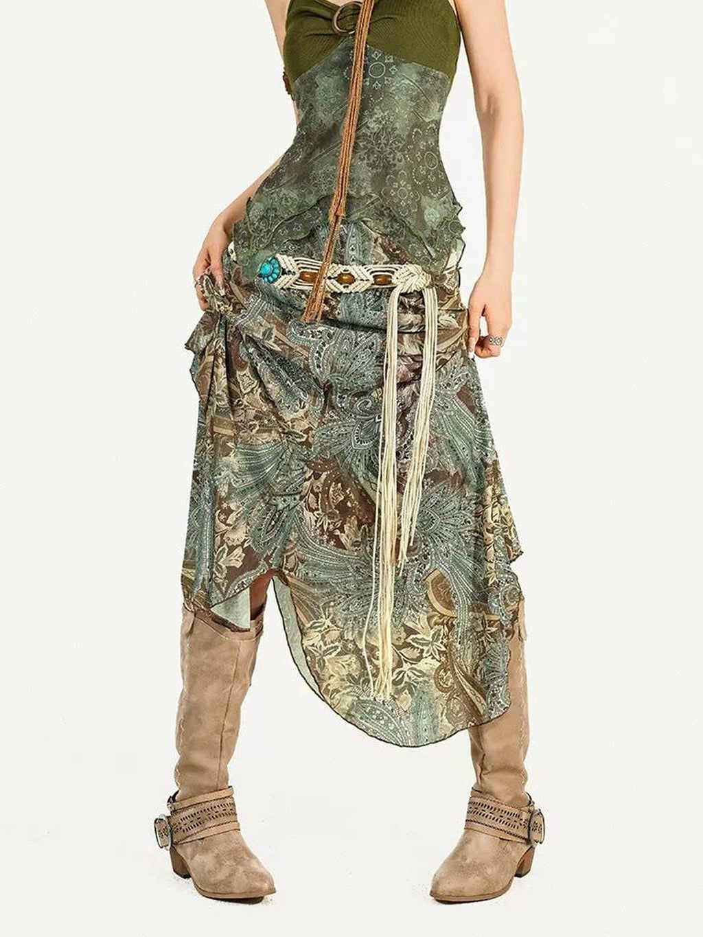 Nico Molly Floral Patchwork V-neck Slim Fit Sleeveless Women Printed Green Top & Skirt Sets