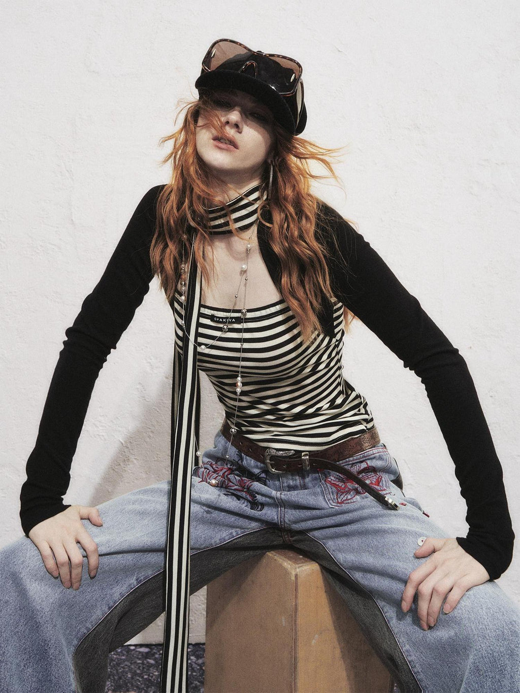 OfAkiva Slimming Striped Faux Layer Square Neck Crop Womens Casual Long Sleeve T-Shirts