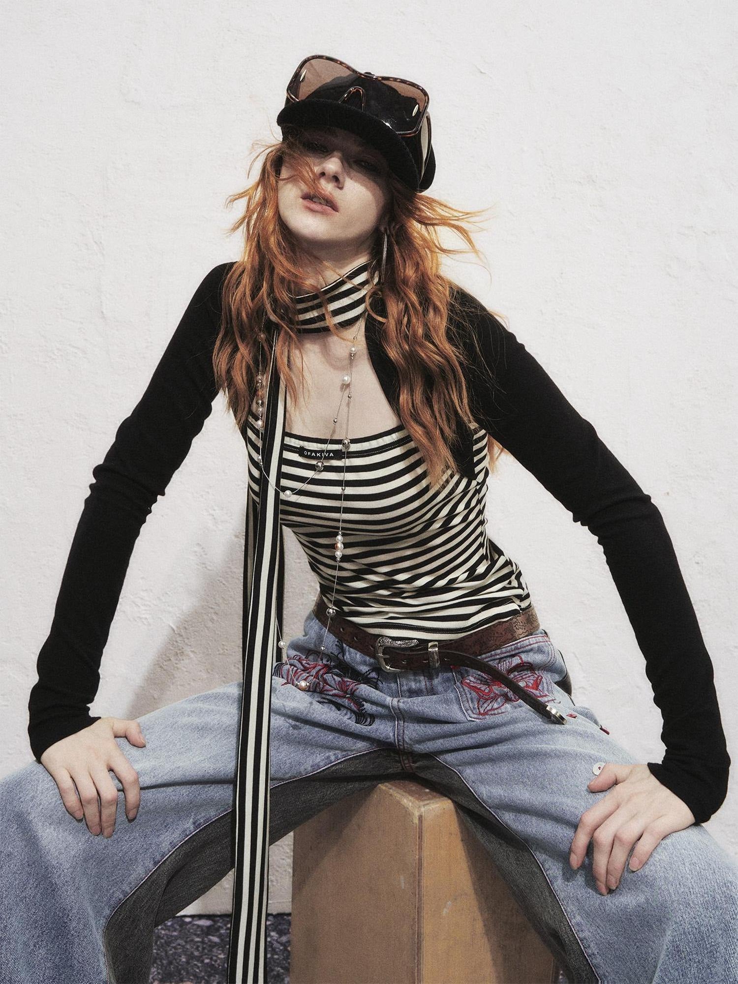 OfAkiva Slimming Striped Faux Layer Square Neck Crop Womens Casual Long Sleeve T-Shirts