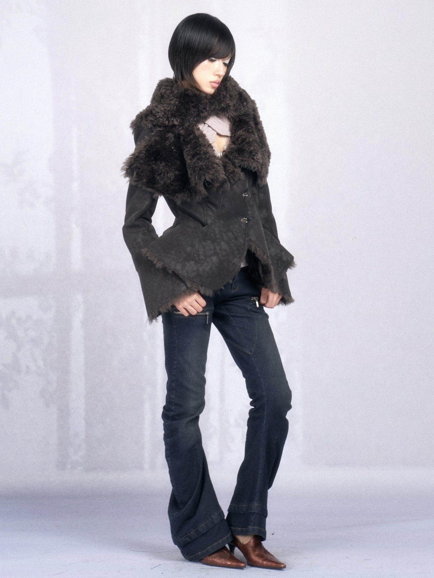 OPEN AESTHETIC Warm Faux Fur Oversized Lapel Collar Women Dark Aesthetic Black Casual Jackets