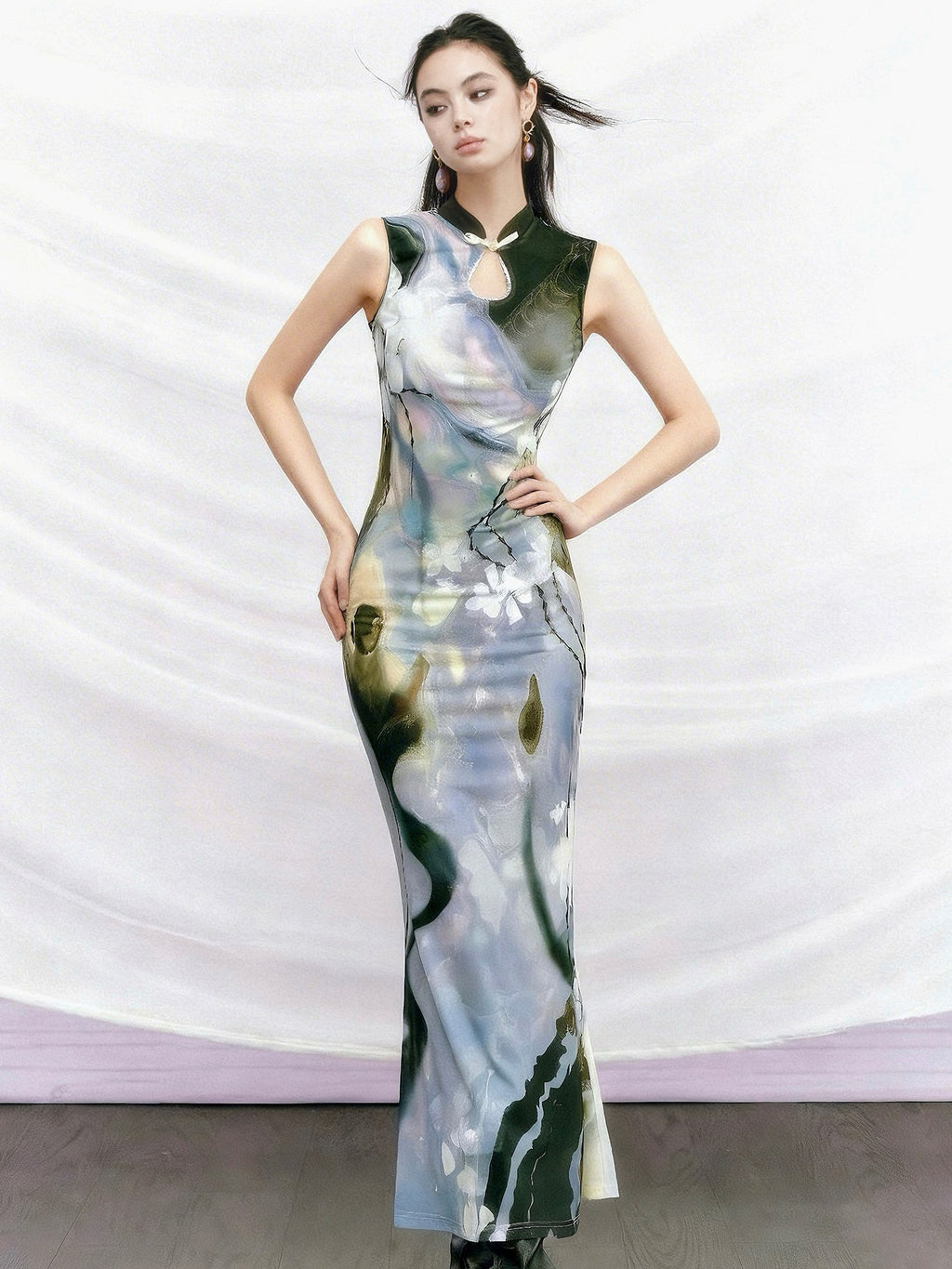 OfAkiva Printed High Waist Stand Collar Sleeveless Slim Mermaid Women Maxi Dresses