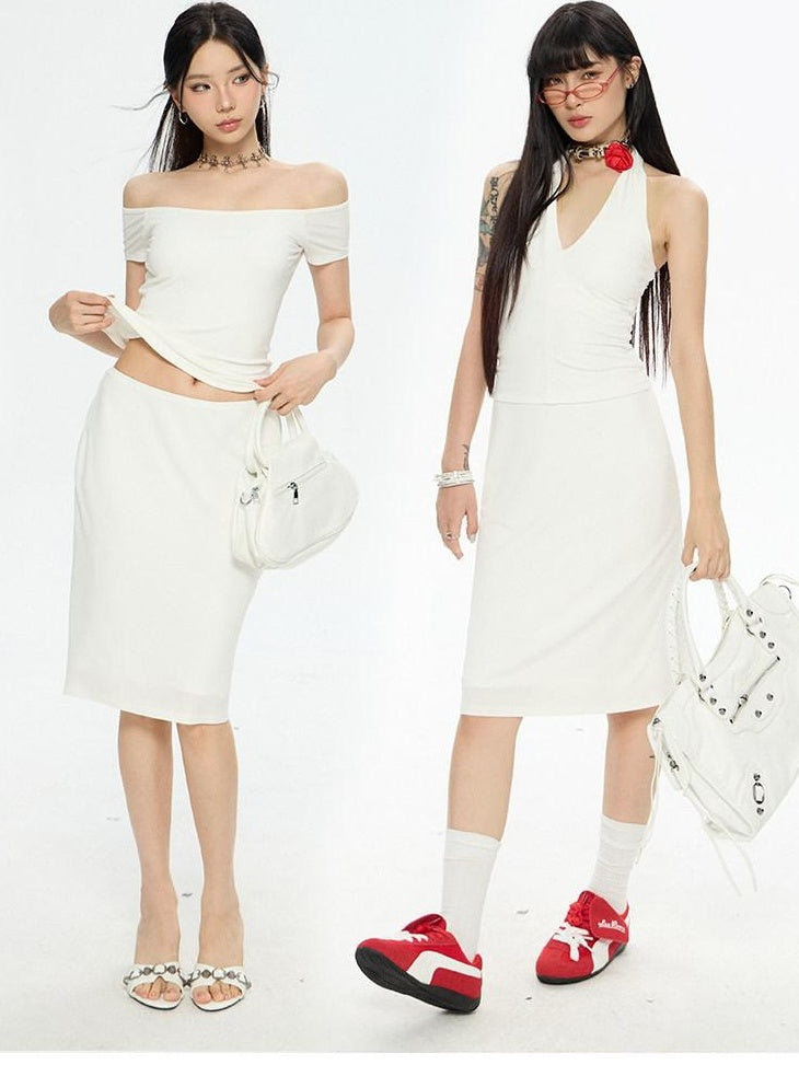 ZERO Silky Mercerized Lined Retro A Line Low Waist Slim Casual Polyester Midi Skirts