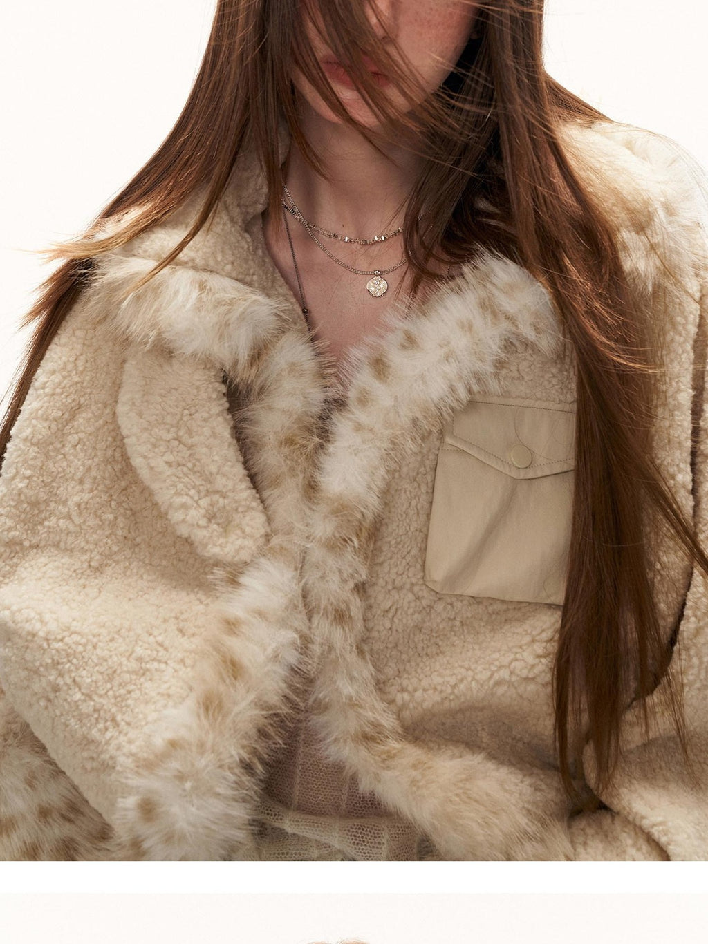 MAMC Soft Oversized Batwing Sleeves Faux Fur Collar Cropped Beige Polyester Jackets