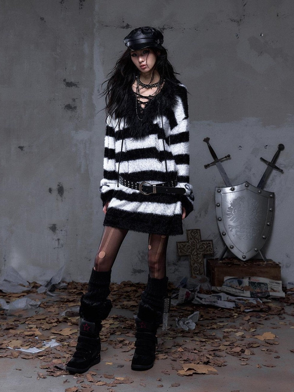 NO ROMANCE Vintage Punk Distressed Striped Women'S Faux Mink Low Neck Loose Long Sweaters