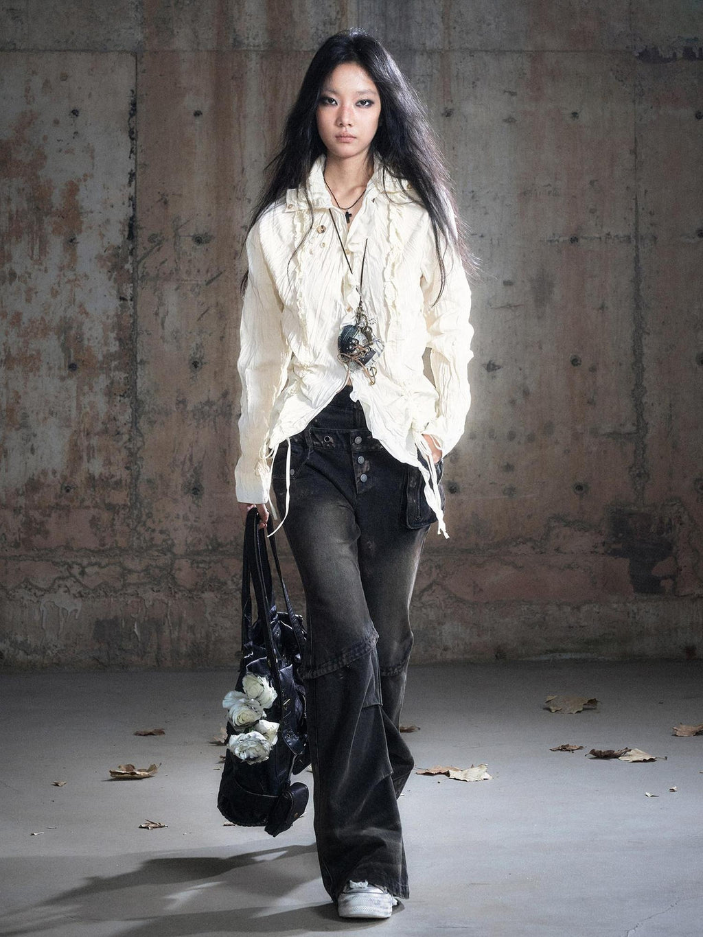Cest Nous Patchwork Punk Low Waist Asymmetric Women Washed Black Cotton Straightlegjeans