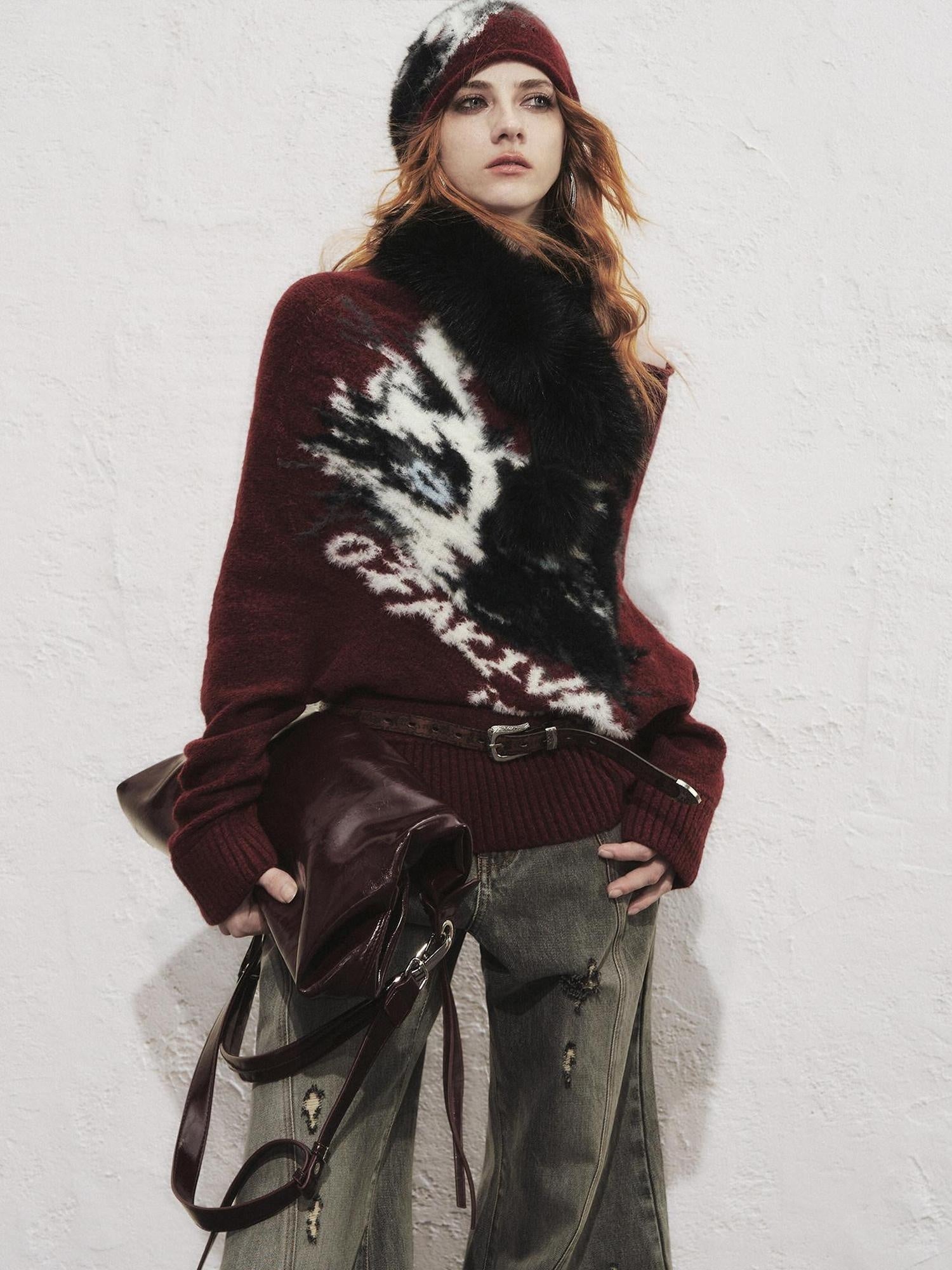 OfAkiva Faux Cashmere Thermal Animal Print Loose Fit Women Round Neck Sweaters